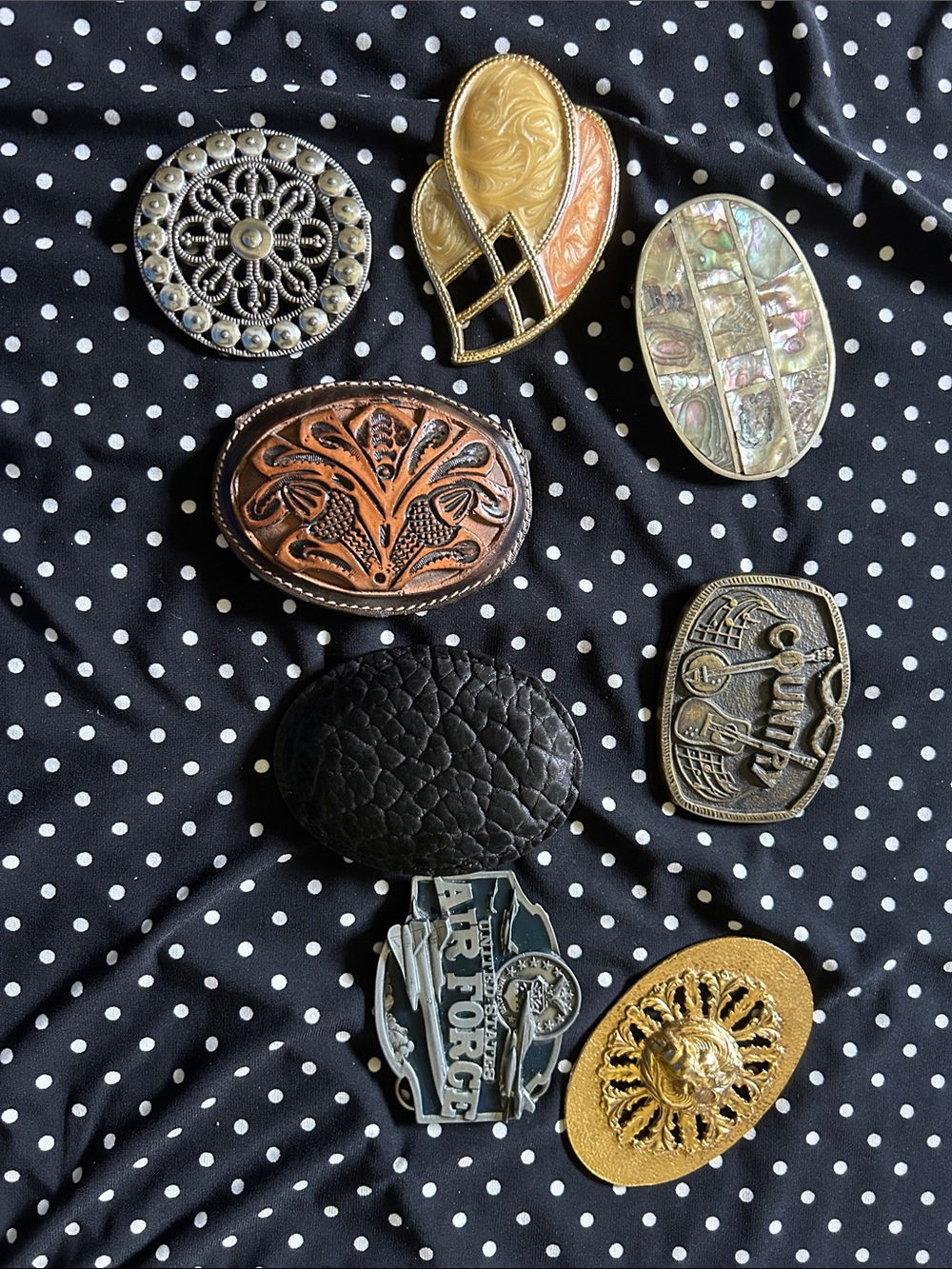 Collection of 8 Belt Buckles - Assorted Metal, Leather & Abalone